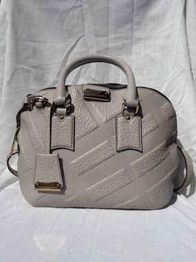 Burberry Orchard Pale Grey Medium Embossed Check Calf Leather Bowler Bag